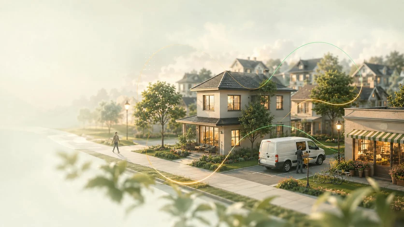 A peaceful community street at golden hour with a local delivery van